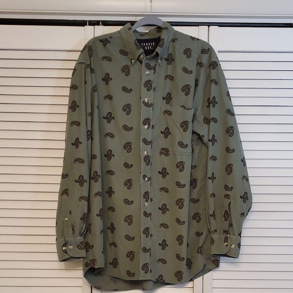 Vintage Trader Bay Men's Corduroy Paisley Green Shirt, Large Tall